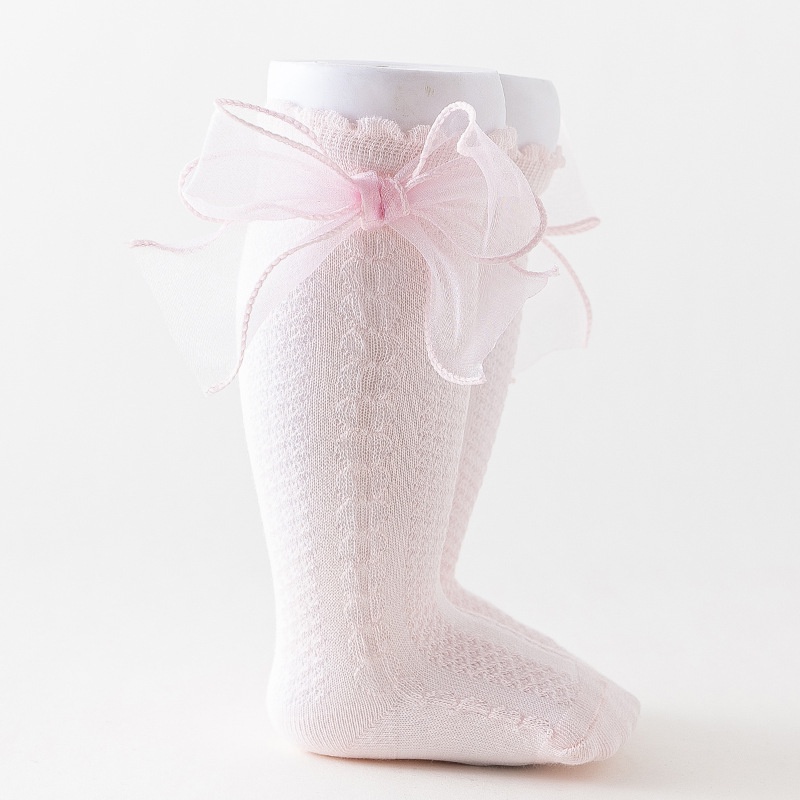 Vớ Cotton mềm cao qua gối đính nơ phối lưới thoáng khí phong cách Lolita xinh xắn cho bé