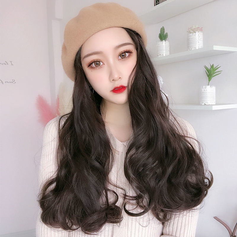 Hàng Có Sẵn Mũ Beret Che Nắng Phối Tóc Giả Xoăn Dài Thời Trang Mùa Thu Phong Cách Hàn Quốc Dễ Phối Đồ Dành Cho Bạn Nữ