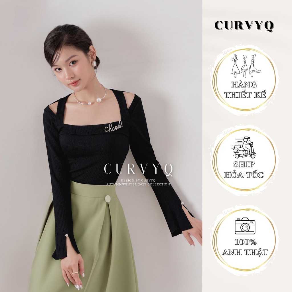 Áo Kiểu Nữ Tiểu Thư Cổ Vuông Hở Vai Tay Dài Xẻ Đính Ngọc Không Kèm Cài Thời Trang Thiết Kế Nữ CurvyQ