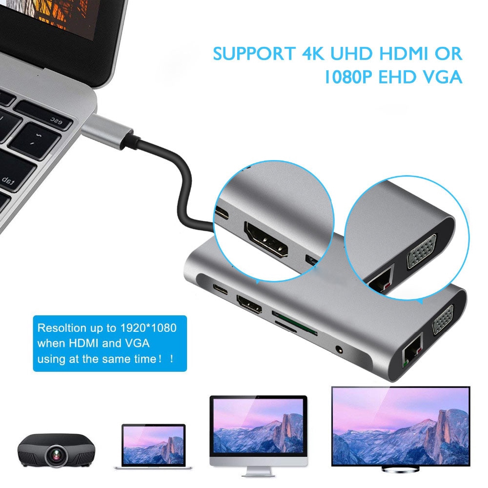 Bộ Chuyển Đổi 3 Cổng Usb 10 Trong 1 Sang Usb 3.0 Port 4k Hdmi Vga Rj45 Gigabit Ethernet Cho Macbook Pro