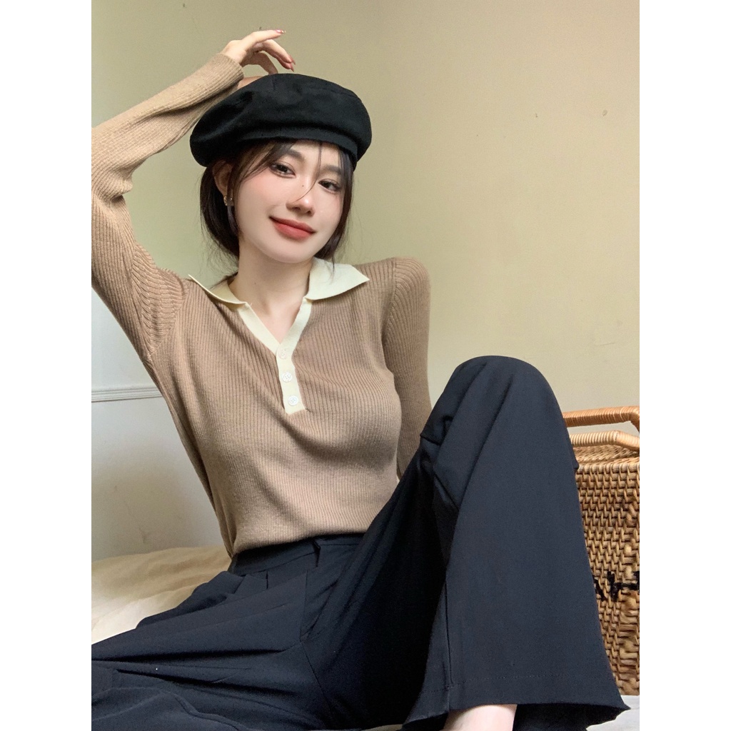 Áo Len Tay Dài Cổ Chữ V Màu Tương Phản Phong Cách Hàn Quốc Thời Trang