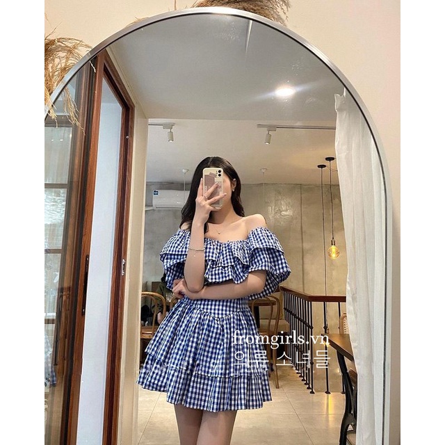 Váy trễ vai kẻ caro xanh, đầm caro trễ vai dáng ngắn vai bèo sexy - V72