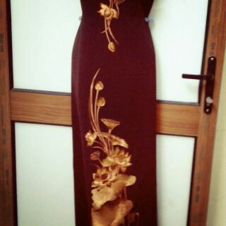 Set bộ vải áo dài truyền thống thêu hoa sen màu nâu