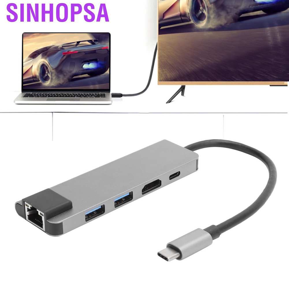 Sinhopsa 5 In 1 USB-C Hub 4K HDMI Type-C to PD RJ45 USB3.0 Adapter for iOS Samsung