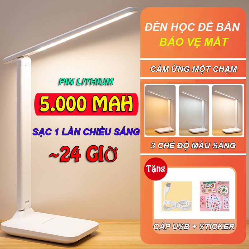 Đèn học để bàn chống cận sạc pin tích điện 5000mAh, 16 bóng led 10W cảm ứng siêu nhạy bảo vệ mắt cho bé, học sinh