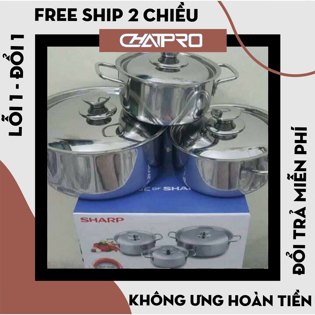 [Hàng Loại 1] Bộ 3 nồi inox SHARP 1 đáy dùng được cho cả bếp từ và bếp gas