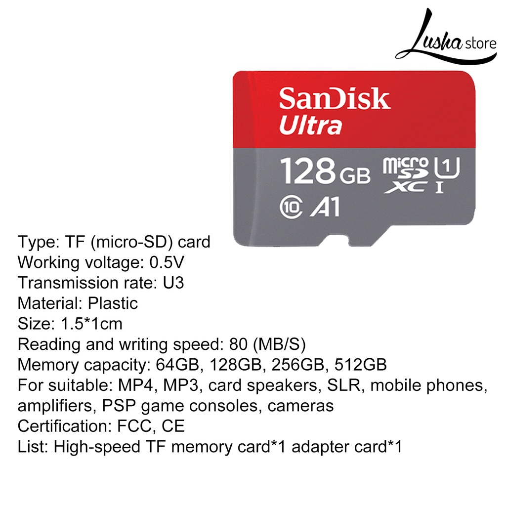 ☃Lushastore Thẻ Nhớ Sandisk 64GB / 128GB / 256GB / 512GB TF / SD Siêu Mỏng Chống Thấm Nước | BigBuy360 - bigbuy360.vn