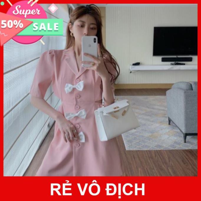 Đầm Cut Out Nữ Cổ Vest , Cộc Tay Cúc Cài Phối Nơ 2 Màu