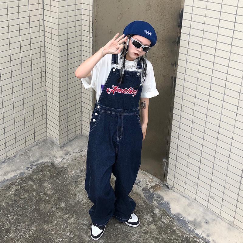 Quần Yếm Denim Dài Ống Rộng Thêu Họa Tiết Phong Cách Retro Mỹ Mới Cho Nữ