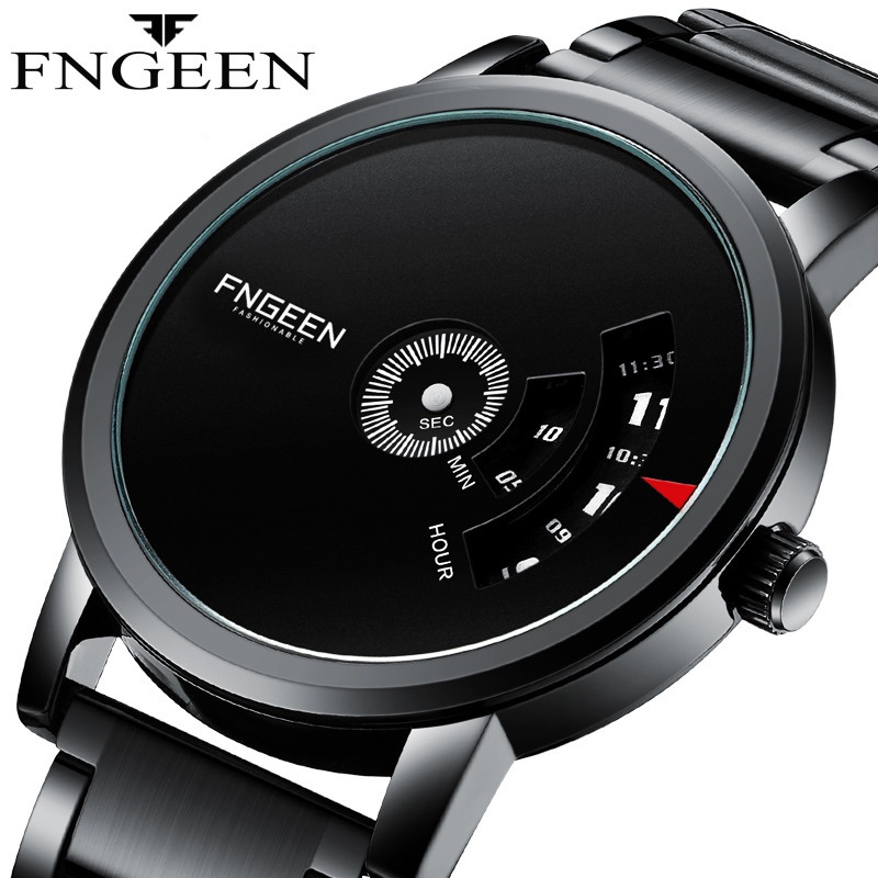 Đồng hồ nam FNGEEN NHẢY SỐ mặt tròn đen dây thép không gỉ
