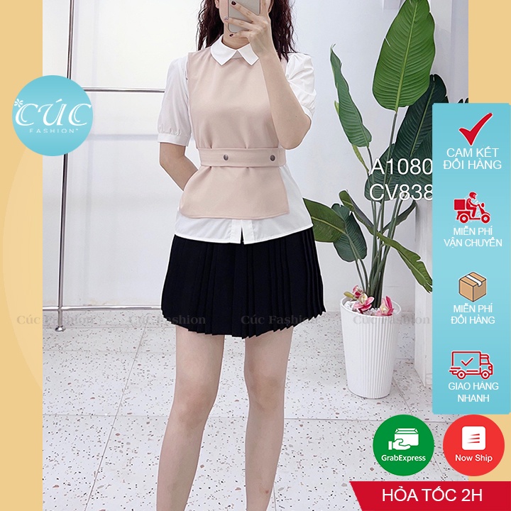 Áo sơ mi nữ CÚC FASHION somi tay ngắn cao cấp lụa đẹp thời trang kiểu dễ thương công sở đen đi học trắng phối đai A1080