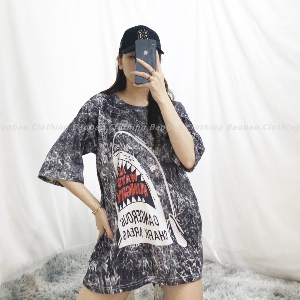 Áo Phông Loang Shark & Cat Nữ - BaoBao.Clothing [FREESHIP] - Thun kiểu dáng trẻ trung, cổ tròn tay lỡ in hình con vật