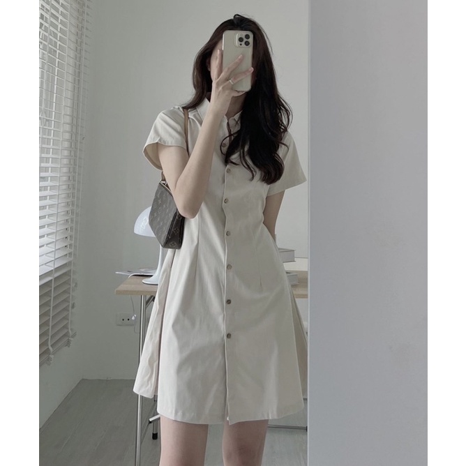 [HÀNG SẴN]VÁY-ĐẦM KAKI THÔ CHUN EO CÚC GỖ SIÊU XINH