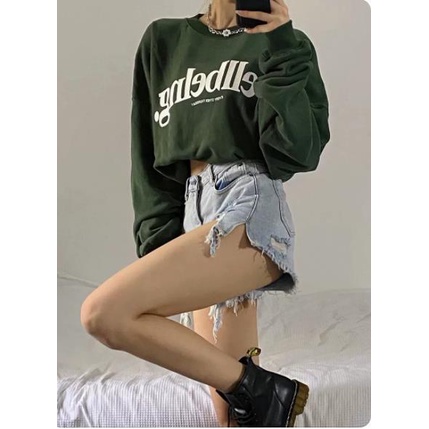 Áo Khoác Nỉ oversize Màu Xanh Lá Đậm Phong Cách Đường Phố Hàn Quốc Cho Nữ