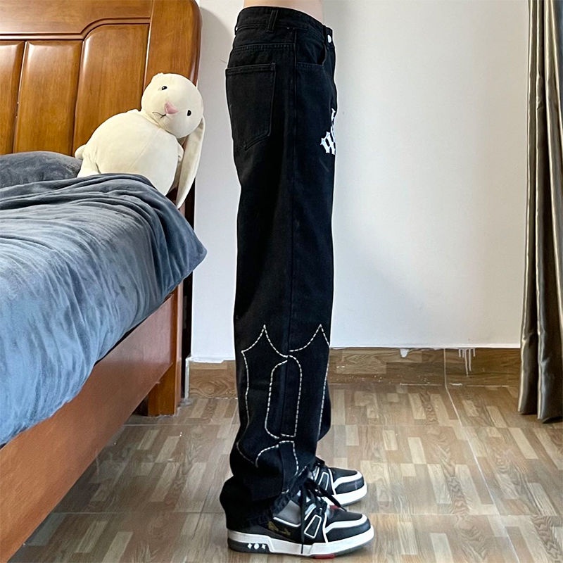 IMaodou Quần Jean Đen Ống Suông Rộng In Họa Tiết Đường Phố Hip Hop Thời Trang Xuân Thu Cho Nam Và Nữ