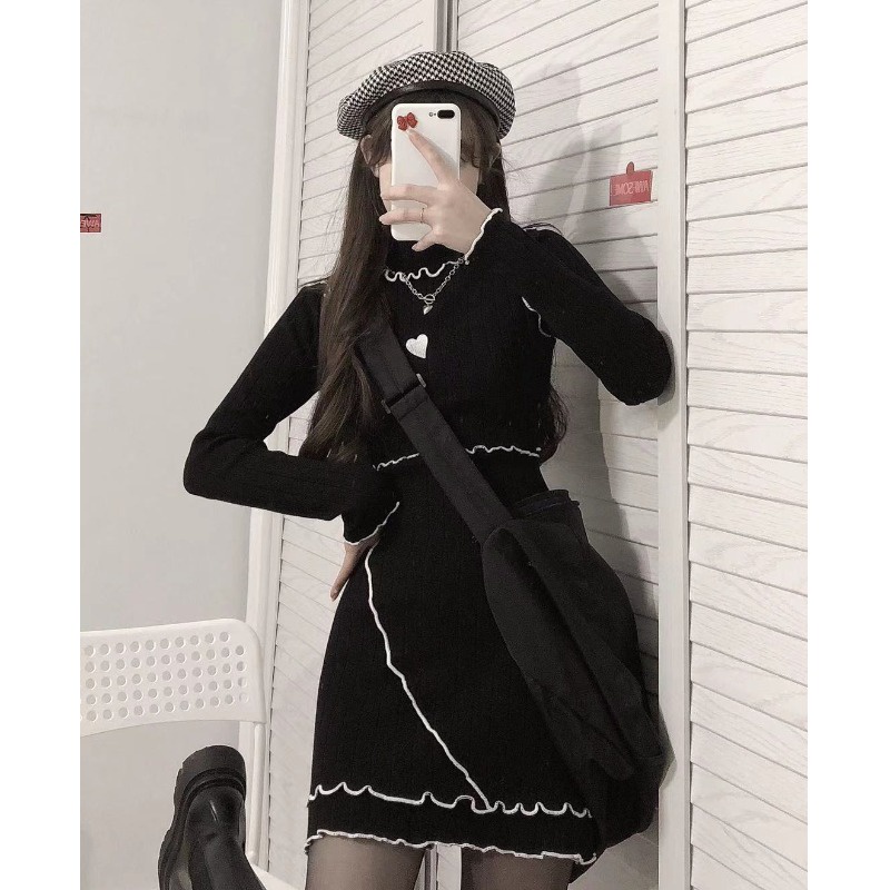 Váy len body cổ lọ len gân hàng Quảng Châu
