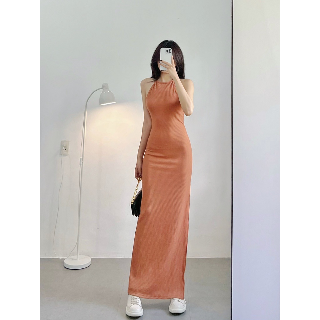 Đầm body nữ HHVINTAGE kiểu yếm cột xẻ hông thun co giãn Dress A95