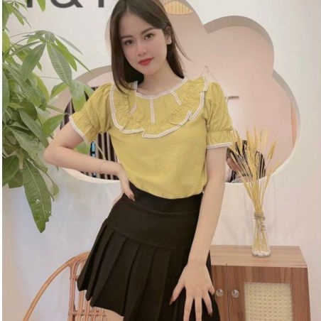 Áo Sơ Mi Ngắn Tay Chất Đũi Cổ Áo Phối Bèo Và Sọc Ren V303