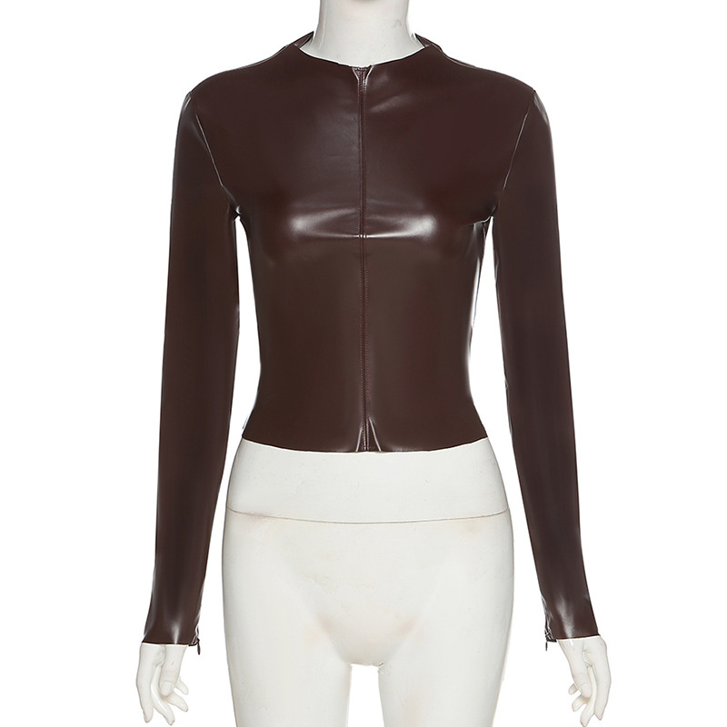 DUNEA Women Autumn Leather Zipper Plain High Neck Slim Long Sleeve T-shirt FPcL | BigBuy360 - bigbuy360.vn