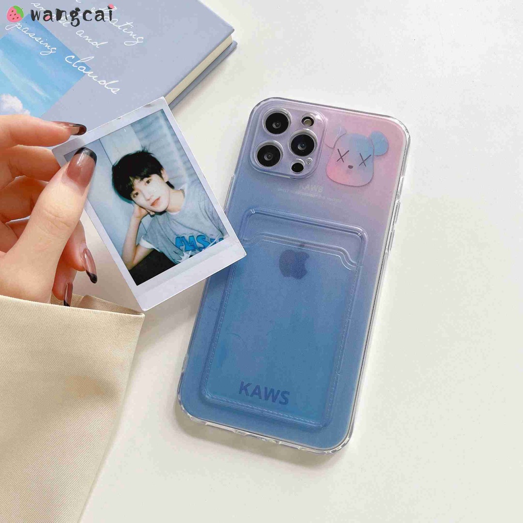 Card Holder For Samsung Galaxy A03S A02S A02 A72 A52 A42 A32 A22 A71 A51 4G 5G Phone Case KAWS Bear Rainbow Gradient Purple Blue Cute Cartoon Transparent Clear Simple Wallet Card Package Clip Slots Casing Cases Case Cover