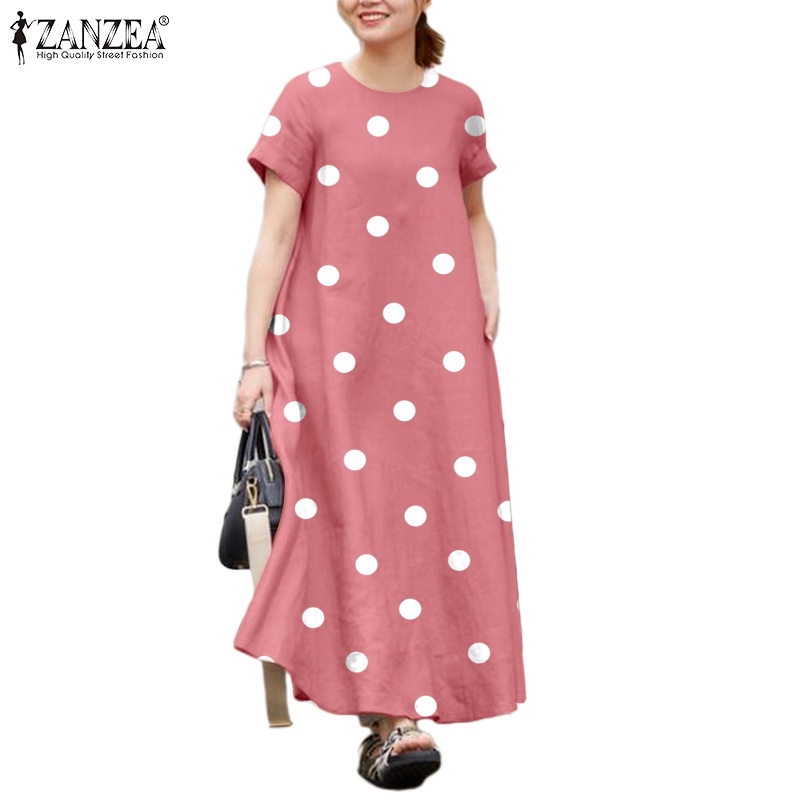 ZANZEA Đầm Ngắn Tay Cổ Tròn Họa Tiết Chấm Bi Thời Trang Dành Cho Nữ