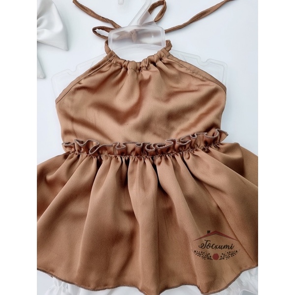 Set bộ yếm lụa nơ lưng nâu tây cao cấp siêu cưng - Tocxumi