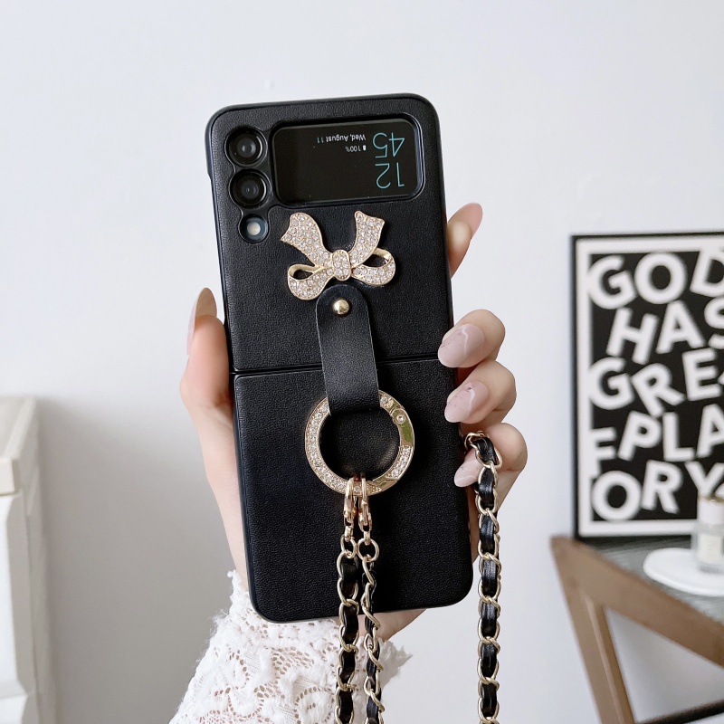 Ốp Điện Thoại Da Nắp Gập Cứng Chống Sốc Có Dây Đeo Dài Đính Nơ Cho Samsung Galaxy Z Flip 3 4