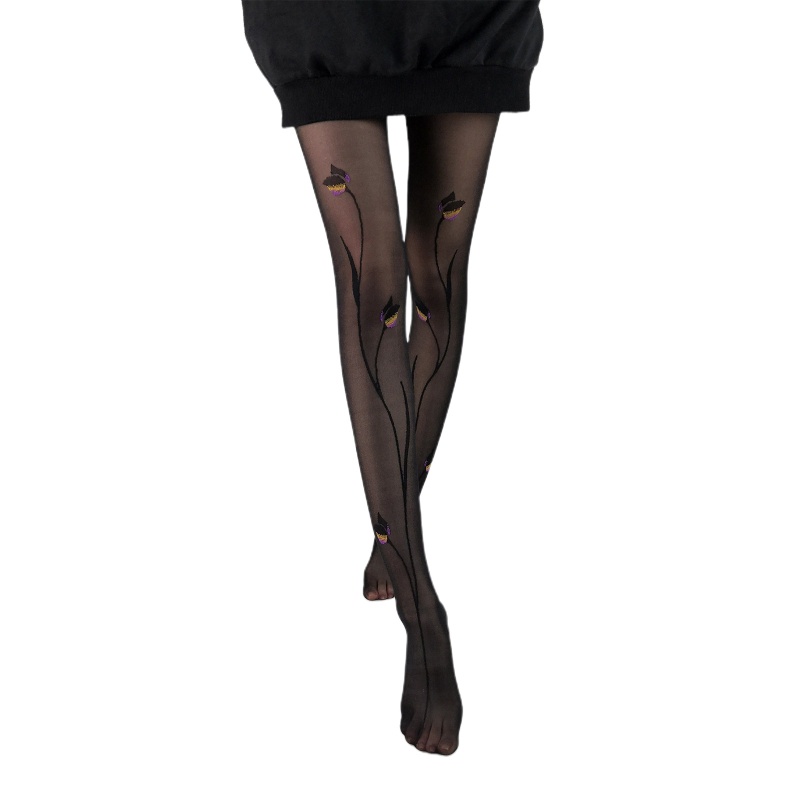 Xiangbao Quần Tất Lụa Mỏng Vintage Gợi Cảm Màu Đen Hoa Hồng Jacquard Cho Nữ