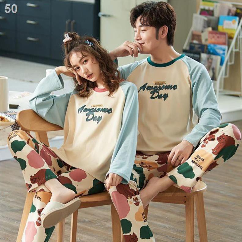Couple pyjama mùa xuân và thu dài tay cotton nam nữ hè kimono mỏng phù hợp với sinh viênB  ཾ