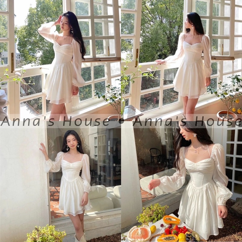 HÌNH THẬT - Đầm voan 2 dây rớt vai nơ ngực tay dài