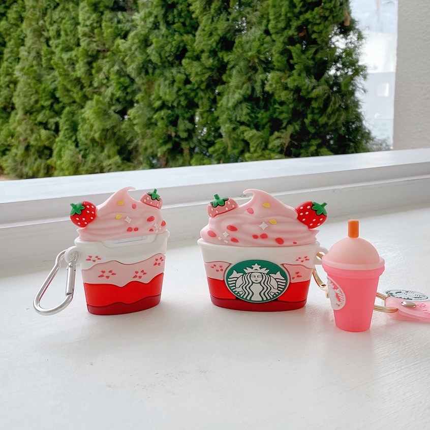 Vỏ Bảo Vệ Hộp Sạc Tai Nghe Airpods 1 2 3 Pro bluetooth Không Dây Bằng Silicon Hình Ly Kem Dâu starbucks