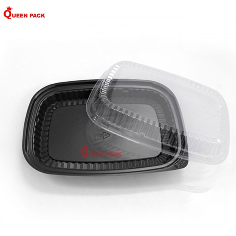 Sỉ 100 cái hộp cơm nhựa 1 ngăn đen loại to Mã HT203 Kèm nắp PET Trong  dùng cho cơm văn phòng, quán ăn, nhà hàng