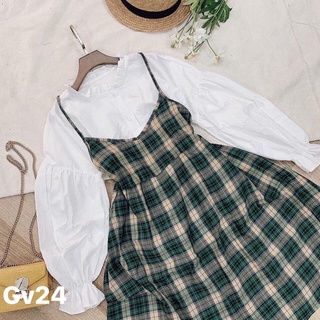 Set áo sơ mi và đầm yếm kẻ , Freesize
