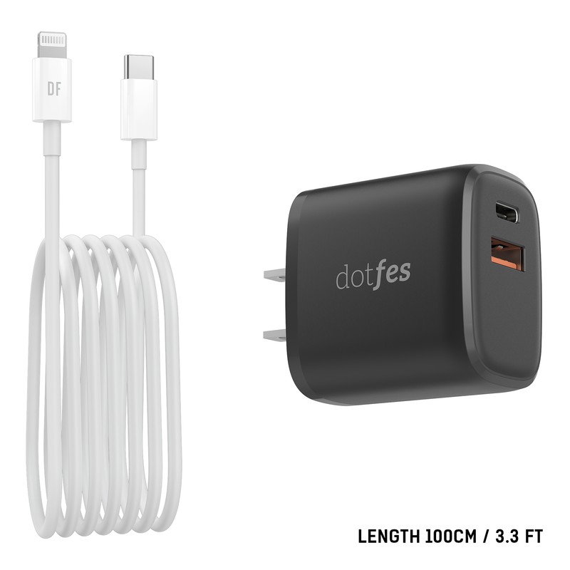 USB C Charger 20W Dotfes PD QC3.0 Type C Fast Charge Power Adapter 2-Port Quick Charge Wall Travel Charger with Lightning Cable Compatible with iPhone 12 Pro Max 12 Mini SE 11 Pro Max 11 XS Max XR iPad Pro AirPods Pro Nintendo Switch Galaxy S20 Note 10+