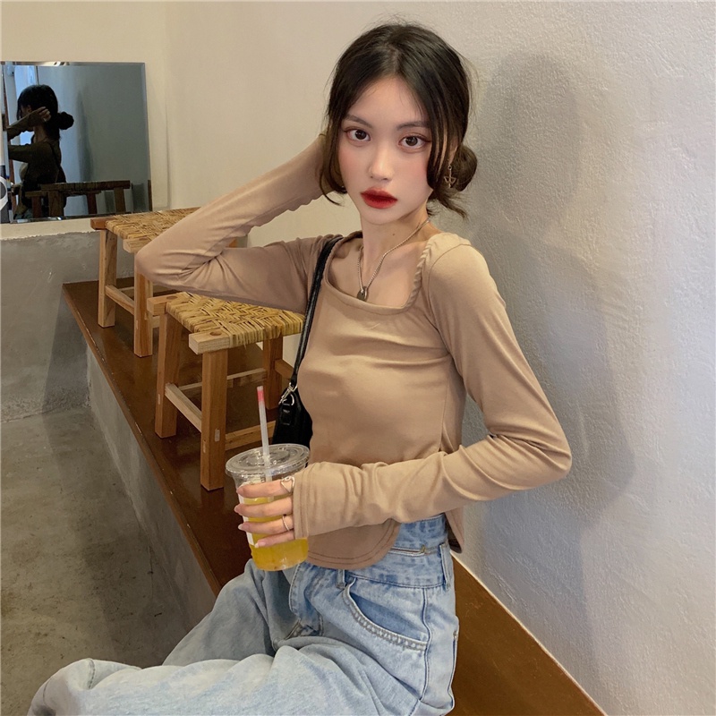 Áo thun tay dài dáng ôm dày dặn phong cách Hàn Quốc thời trang 2 màu lựa chọn cho nữ