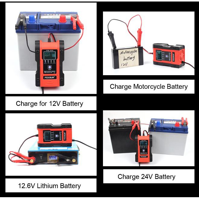 Sạc Bình Ắc quy 12V 24V 150AH FOXSUR Sạc Pin lithium Có Chức Năng Khử Sunfat Sạc Ắc quy ô tô Xe Máy 5.0 G