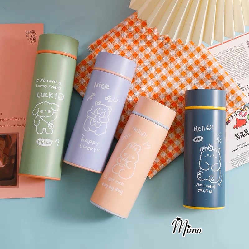 Bình giữ nhiệt cute họa tiết hoạt hình gấu, thỏ, bình inox an toàn chắc chắn dung tích 450ml màu sắc năng động trẻ trung