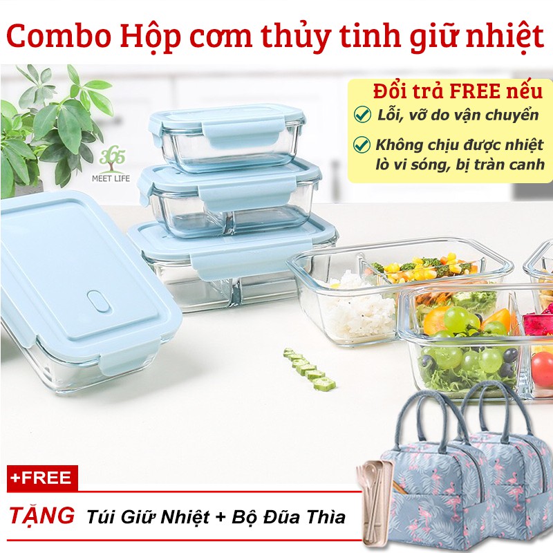 [Combo 2 Hộp] Bộ Hộp Cơm Thủy Tinh Chia Ngăn Cao Cấp Meet Life Tặng Kèm Túi Đựng Giữ Nhiệt+ Đũa Thìa