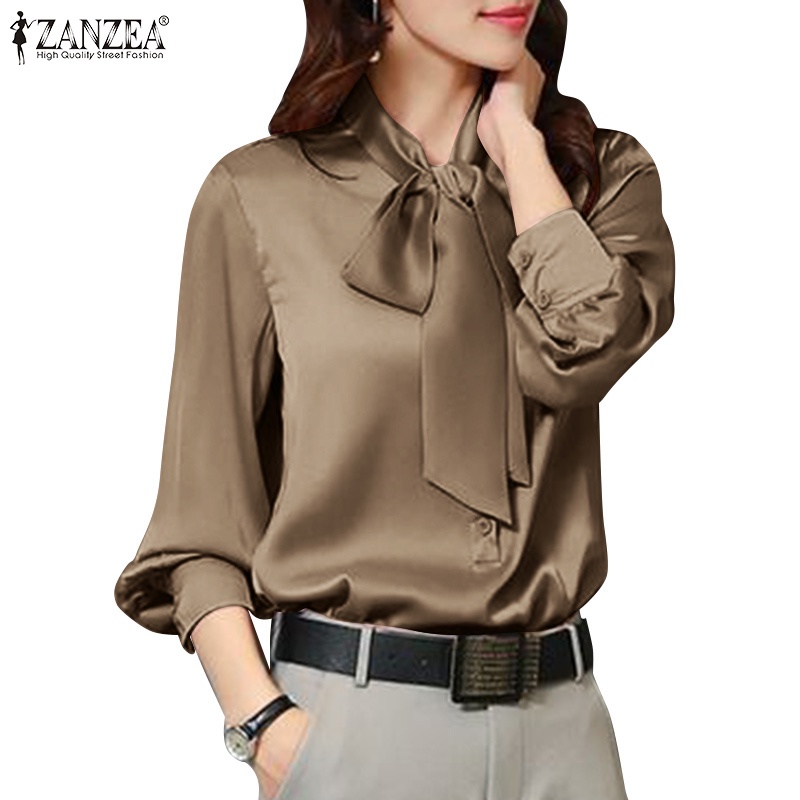 Áo sơ mi satin Zanzea thắt nơ cổ tay dài thời trang dành cho nữ