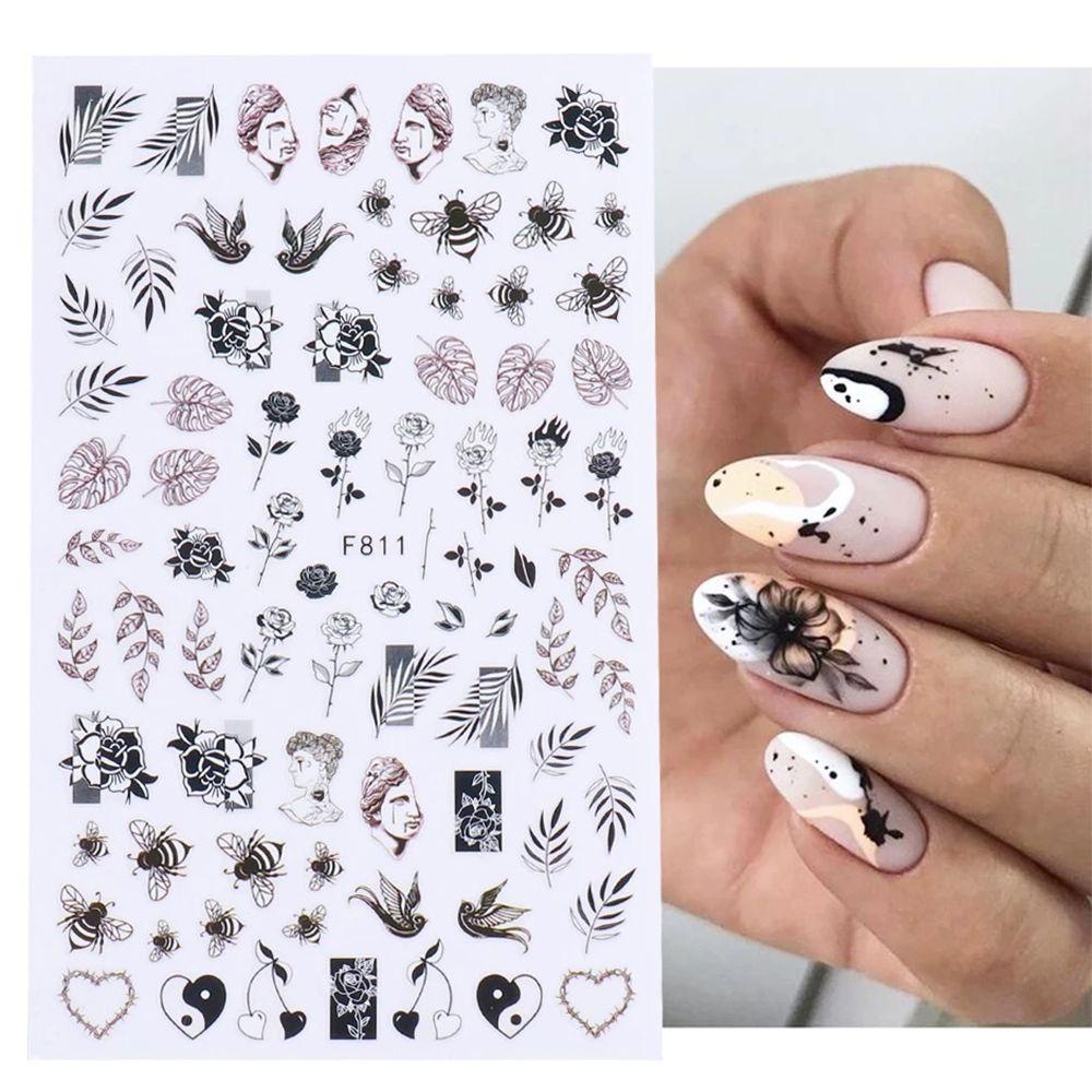 Sticker Dán Móng Họa Tiết Hoa Trắng Đen