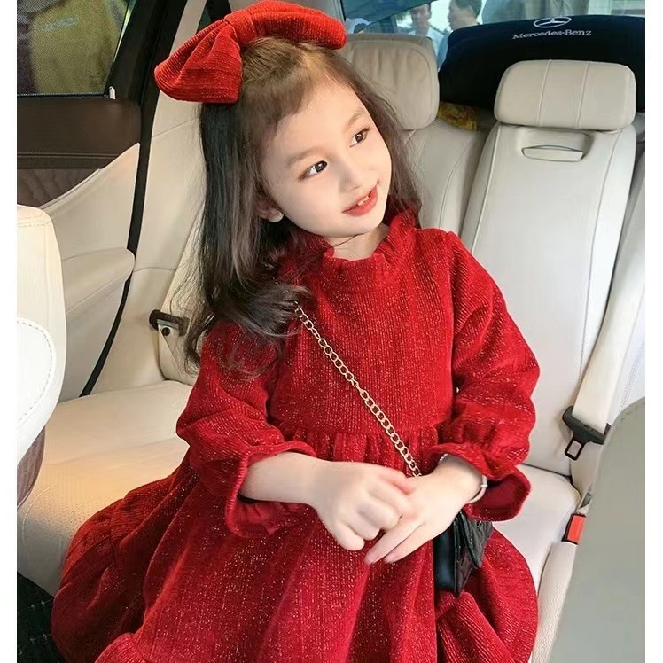 Váy bé gái dài tay, đầm cho bé gái, chất liệu nhung nót lông mịn