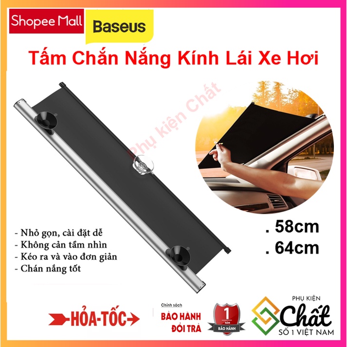 Tấm Chắn Nắng Cho Kính Lái ô tô Chính hãng Baseus(Có thể thu vào, có cốc hút) ,K éo dài tối đa 1,4m, màu Bạc