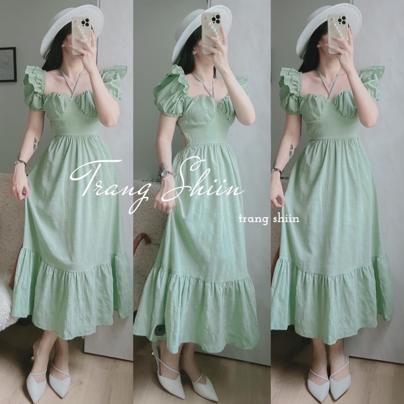 ĐẦM XANH MIDI DÂY CHÉO CỔ TAY BỒNG