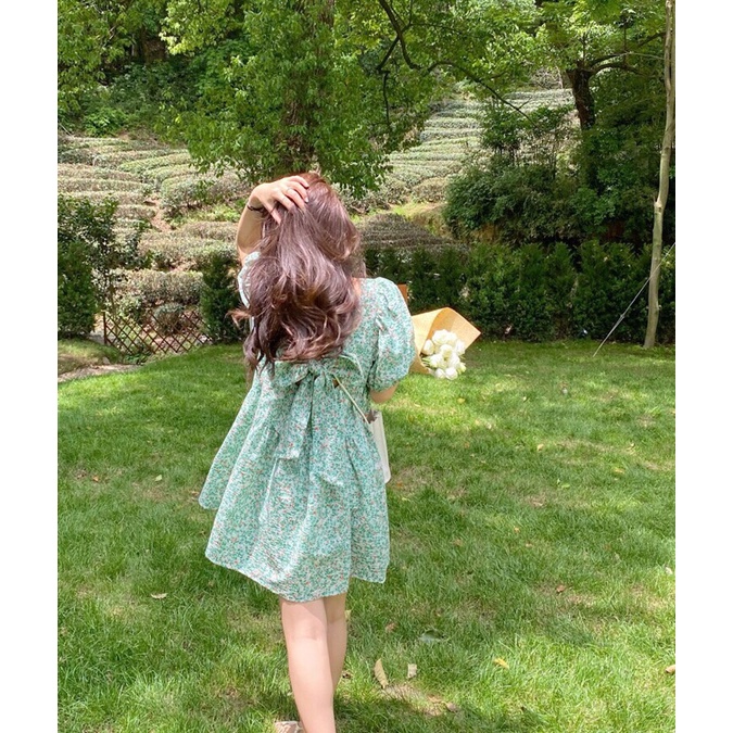 Váy babydoll hoa nhí xanh buộc nơ lưng xinh xắn - Đầm babydoll dáng xoè hoa nhí xanh nơ lưng Pea Store