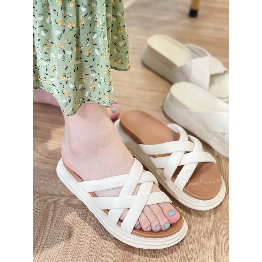 Dép da mềm quai đan trắng C-10- Kachi House