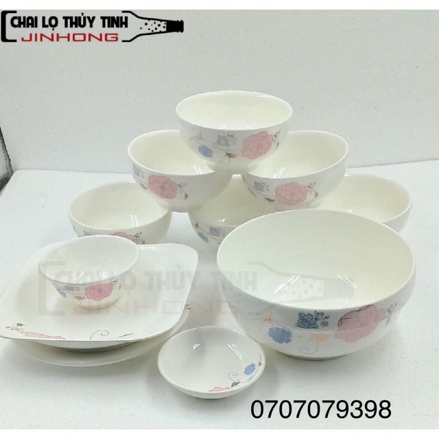 BỘ CHÉN BÁT 11 MÓN - in hoa văn nổi xanh hồng