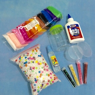 Combo bộ nguyên liệu làm slime như hình thêm 2 tuyết ,1 borax,5 lọ chứa nhỡ , 10 lọ bé