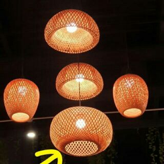 Chao đèn mây tre 2 lớp dạng nấm, nhót trang trí nhà hàng khách sạn