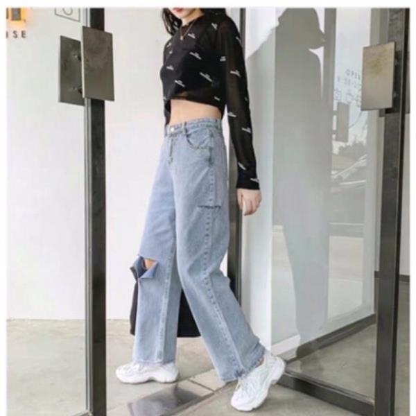 Quần Ống Rộng Rách 1 Hông Đùi Và Gối T - Form To Chuẩn Dài 105cm/ Quần Jeans Size Đại - Lưng Cao Đẹp *