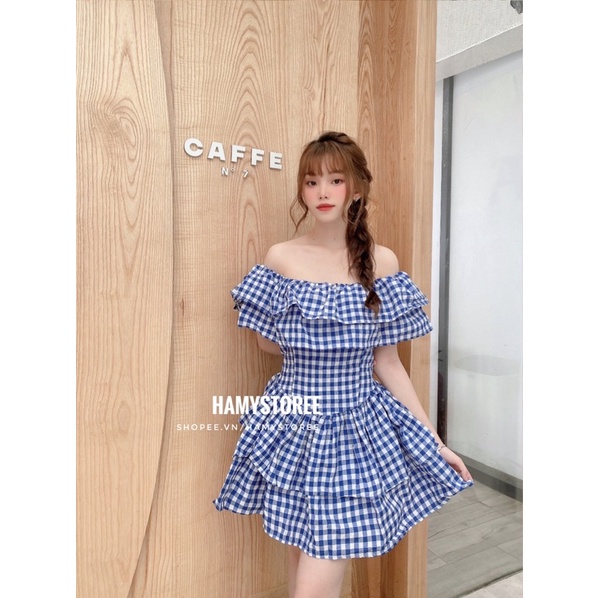 CARO OFF DRESS - ĐẦM CARO TRỄ VAI XẾP BÈO